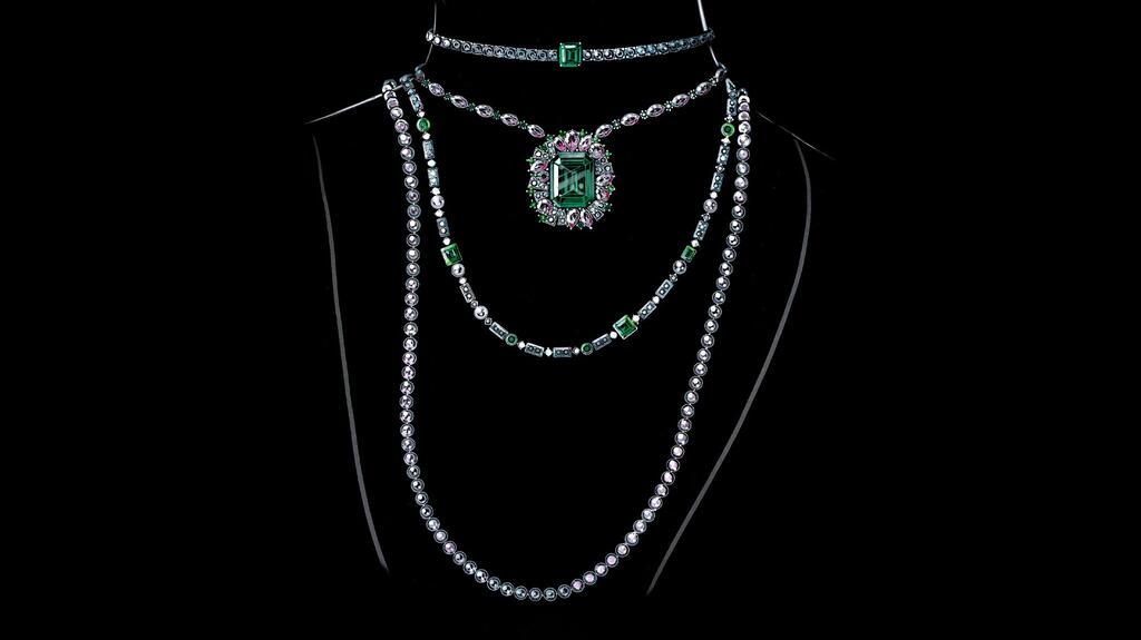 A sketch of the set of four necklaces in “Insofu” inspired by the Art Deco period and the novel “The Great Gatsby” Chopard Insofu necklace set